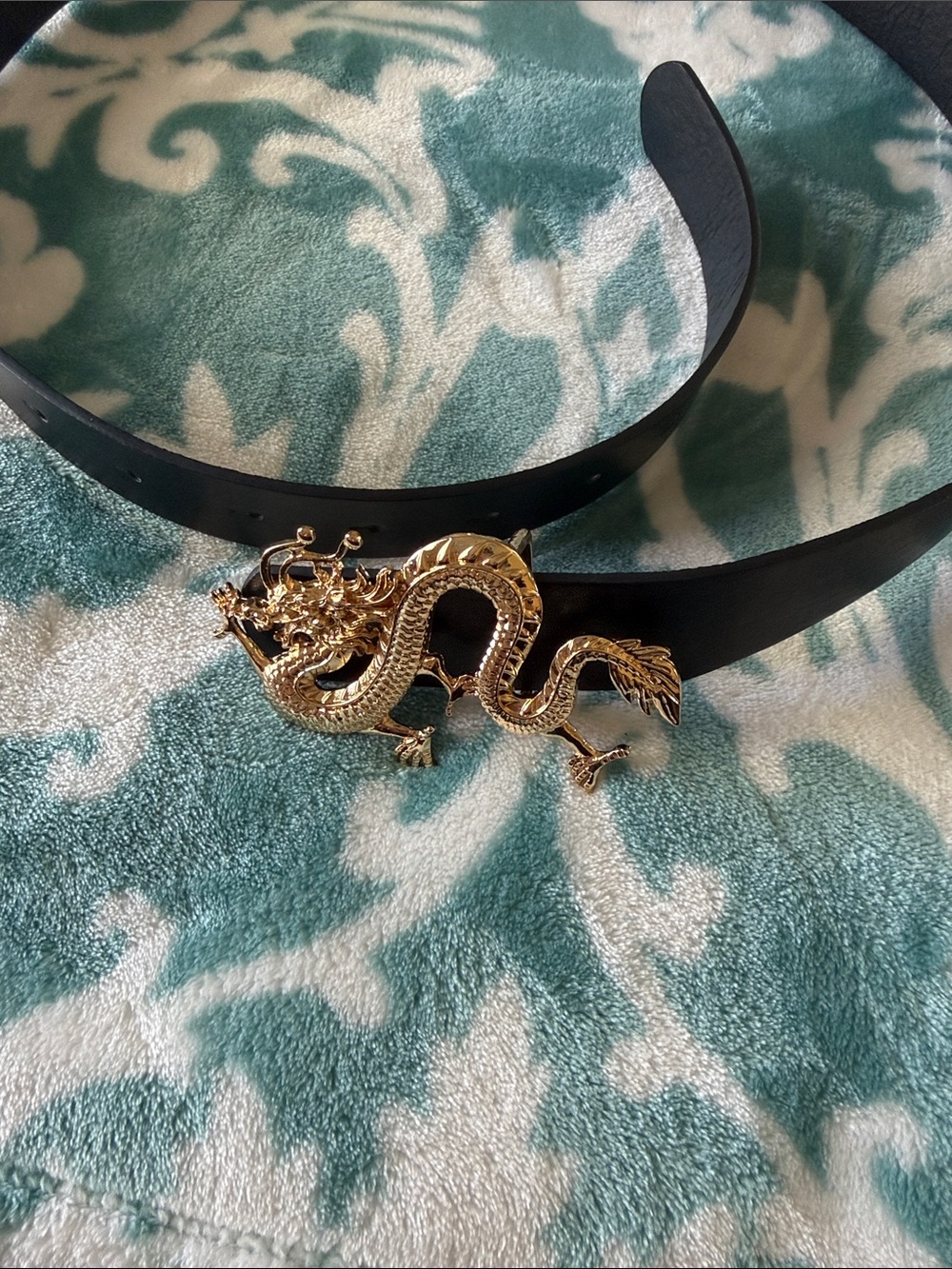 Gold Dragon Buckle Black Reptile Belt